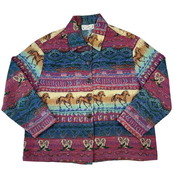 Vintage Sarah Studio Wild Horses Western Tapestry Button Front Jacket (Sz 2XL) - Picture 1 of 10